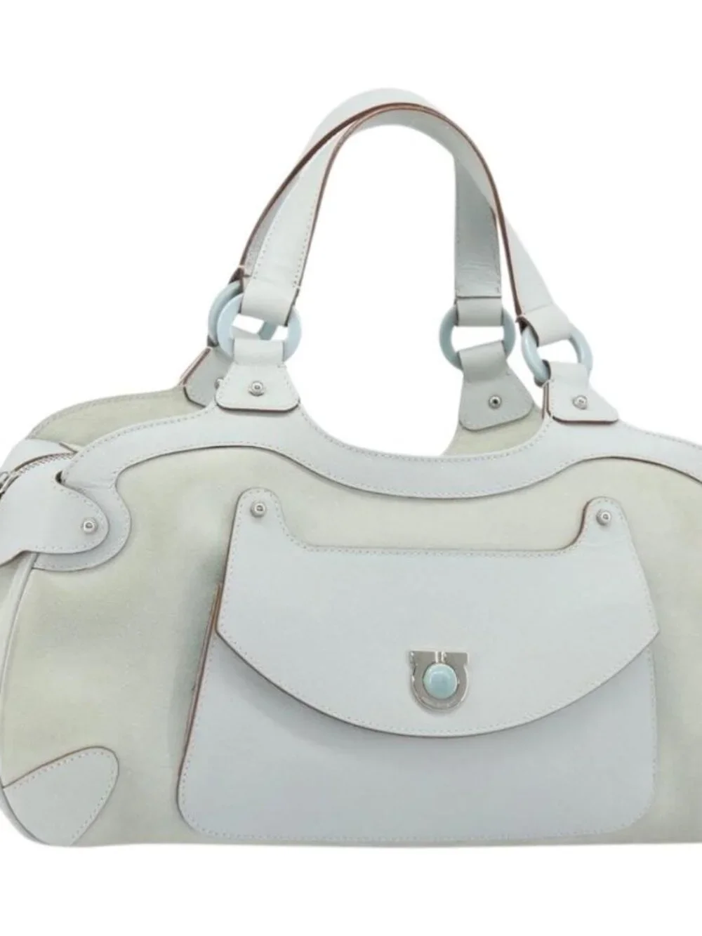 Salvatore Ferragamo Hand Bag Suede Leather Light Blue Silver Auth ka4819A